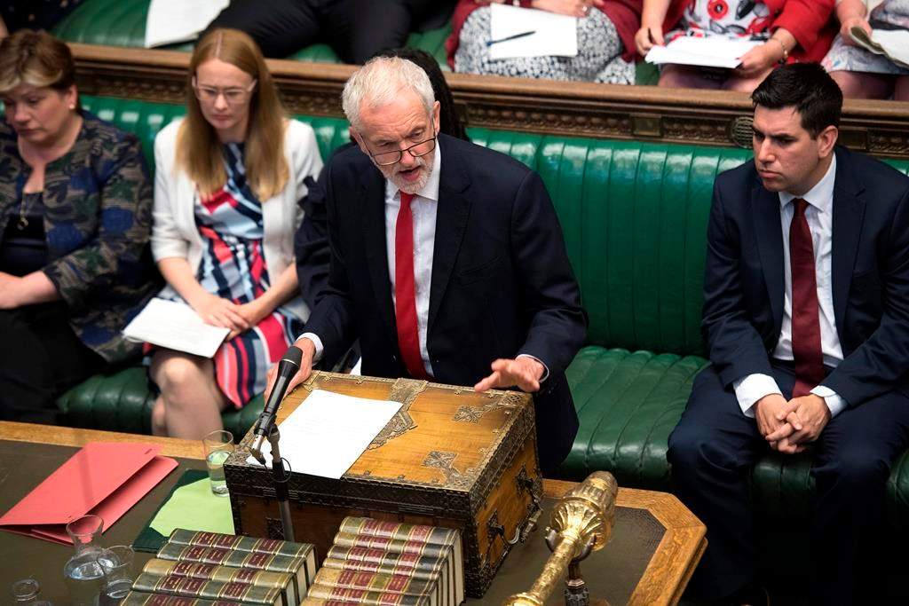 Britain’s main opposition Labour Party Leader Jeremy Corbyn speaks during question time inside the House of Commons in London, Wednesday, July 10, 2019. (Jessica Taylor/House of Commons via AP)