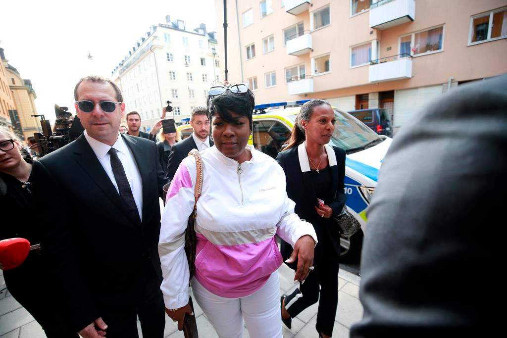 Renee Black, ASAP Rocky’s mother, arrives to the district court where US rapper A$AP Rocky is to appear on charges of assault, in Stockholm, Sweden, Tuesday July 30, 2019. American rapper A$AP Rocky and two other men believed to be members of his entourage are going on trial Tuesday in Sweden in a high-profile legal case that has caught the attention of U.S. President Donald Trump and rallied music and entertainment celebrities among others. (Fredrik Persson / TT via AP)