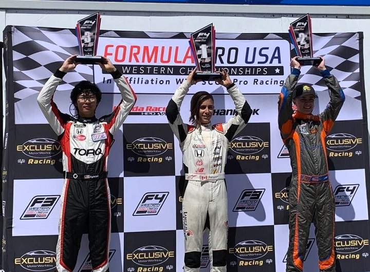Marco Kacic of West Kelowna, middle, holds his first-place trophy after winning Round 8 of the 2019 F4 Formula Pro USA Western Championship in Sonoma, Calif., on Sunday. Race Dykstra of Colorado, right, placed second, with Kyle Loh of California, left, placing third.