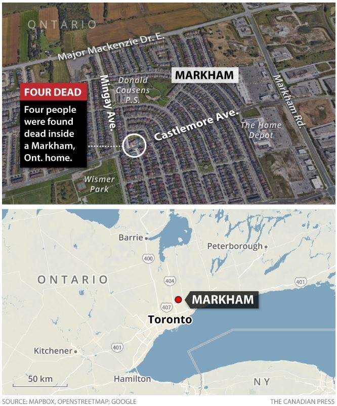 A map shows where the bodies of four people were found in Markham on Sunday.