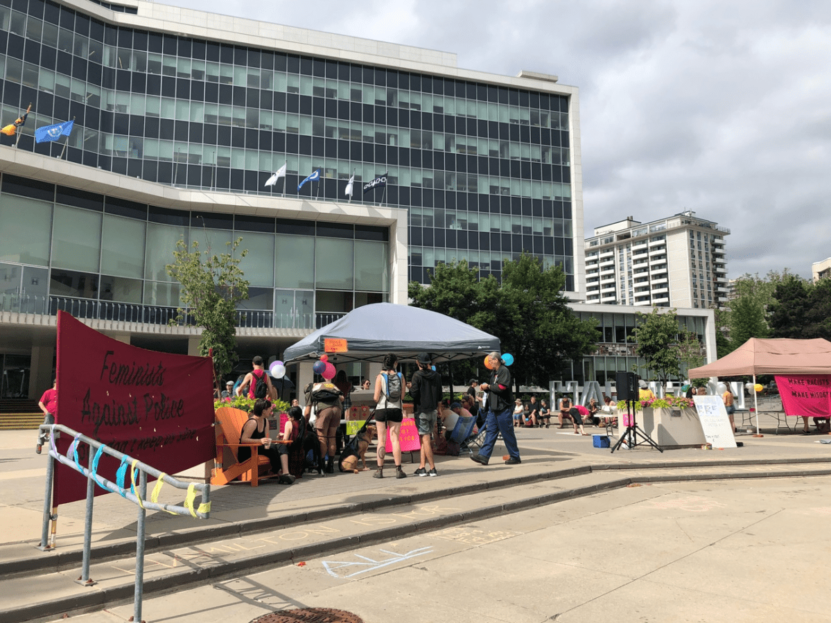 LGBTQ2 community members and allies began camping out at Hamilton city hall Friday, July 12, 2019.