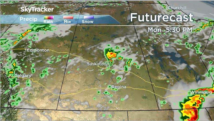 Potential non-severe thunderstorms across Saskatchewan on Monday night.