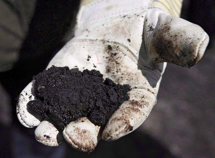 An oil worker holds raw sand bitumen near Fort McMurray, on July 9, 2008.