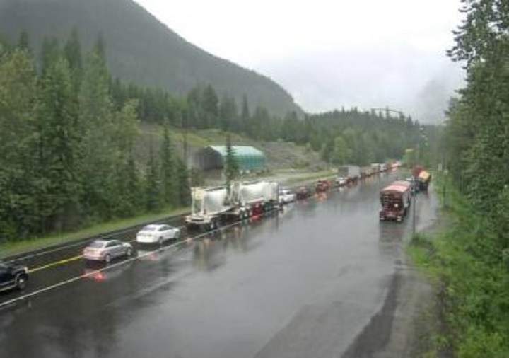 For the second day in a row, a section of the Trans-Canada Highway near Revelstoke was closed because of a traffic accident. Here, traffic is shown lined up on Thursday morning at Albert Canyon, located 30 kilometres east of Revelstoke.