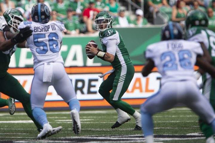 Saskatchewan Roughriders quarterback Cody Fajardo (7) throws the ball during first half CFL football action against the Toronto Argonauts, in Regina on Monday, July 1, 2019. 