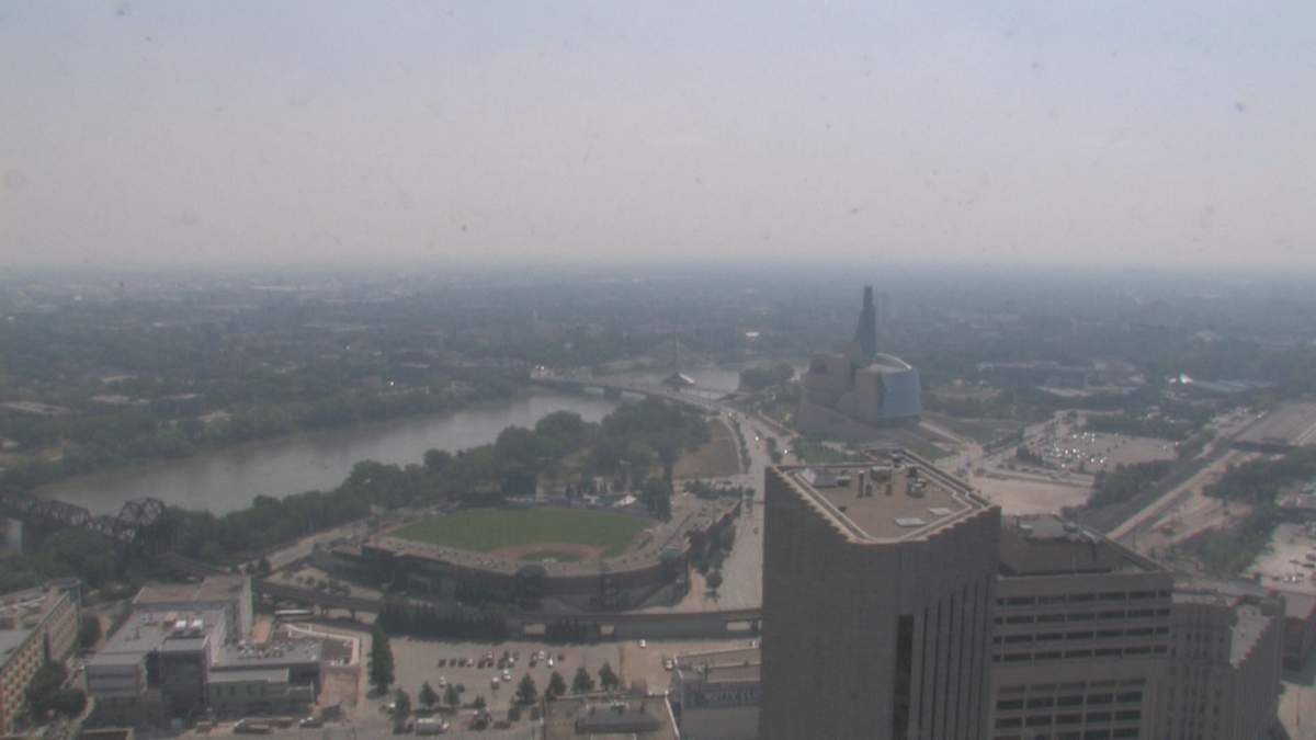 Part of downtown Winnipeg and The Forks seen during hazy conditions in this file photo from July 2019.