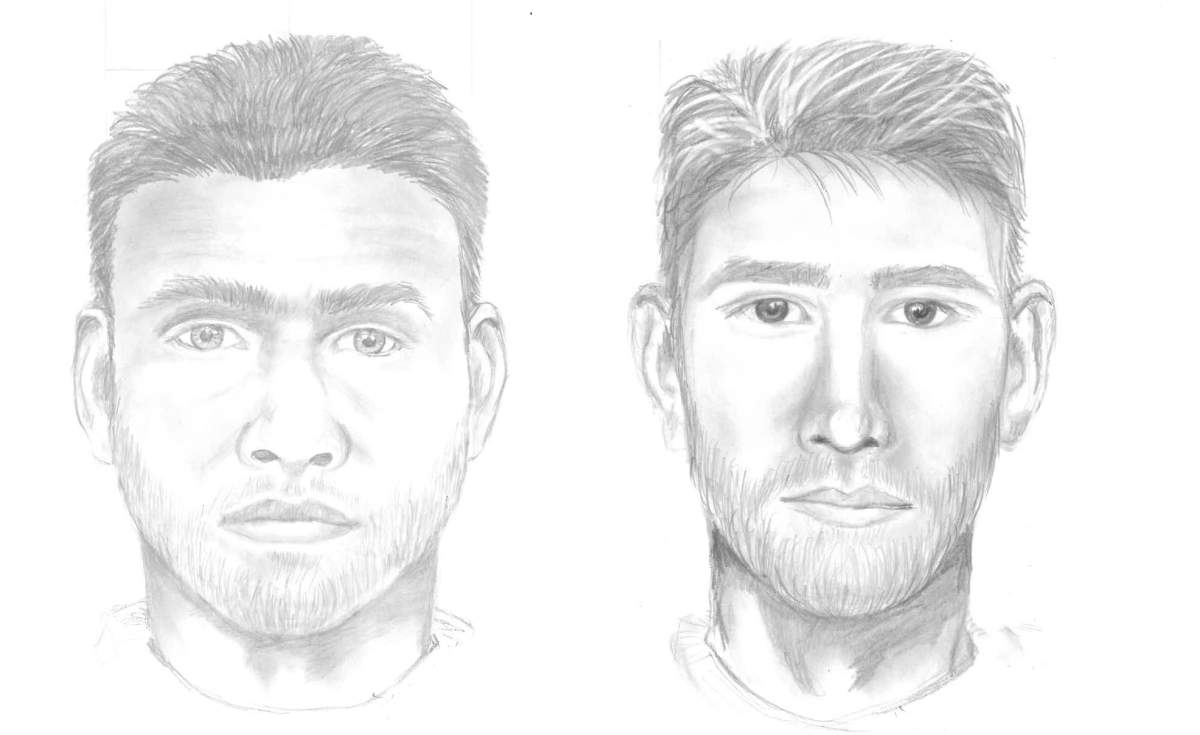 Two sketches of the same sex assault suspect based on different witness descriptions. 
