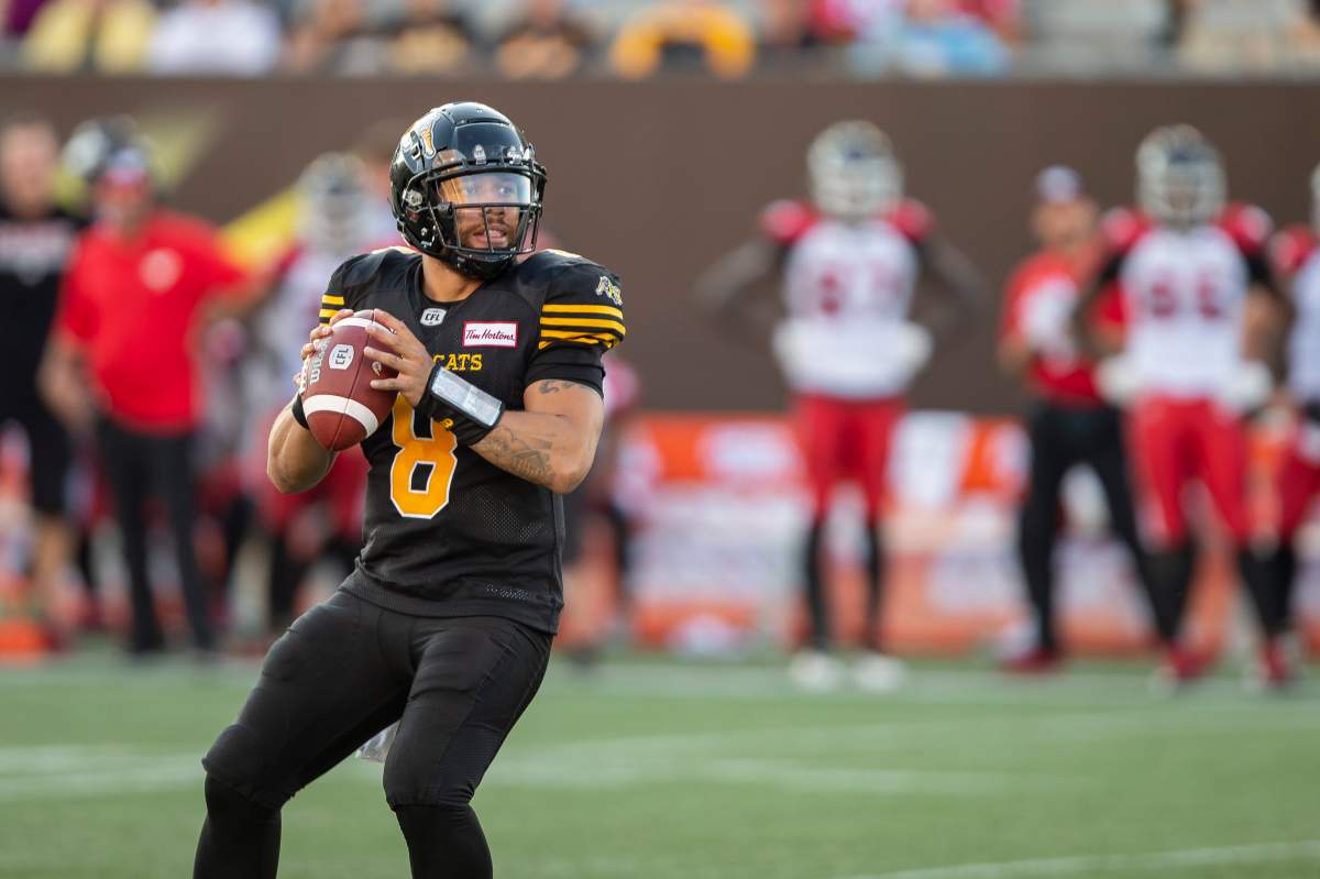 Hamilton will need a strong game from quarterback Jeremiah Masoli (8) if they have any hope of ending their long drought against the Calgary Stampeders Saturday night.