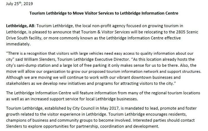 Tourism Lethbridge issue release on move to new building Thursday