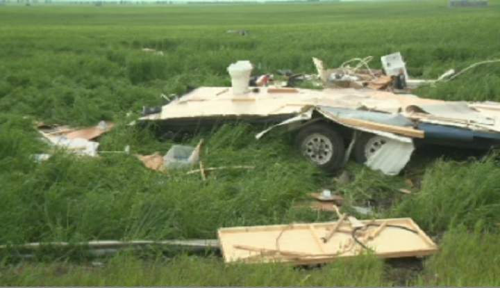 A damaged trailed near Crossfield, AB where a tornado touched down Sunday, July 14, 2019.