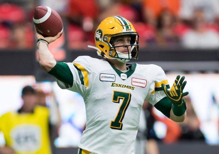 Edmonton Eskimos quarterback Trevor Harris passes during first half CFL football action against the B.C. Lions, in Vancouver, on July 11, 2019. 