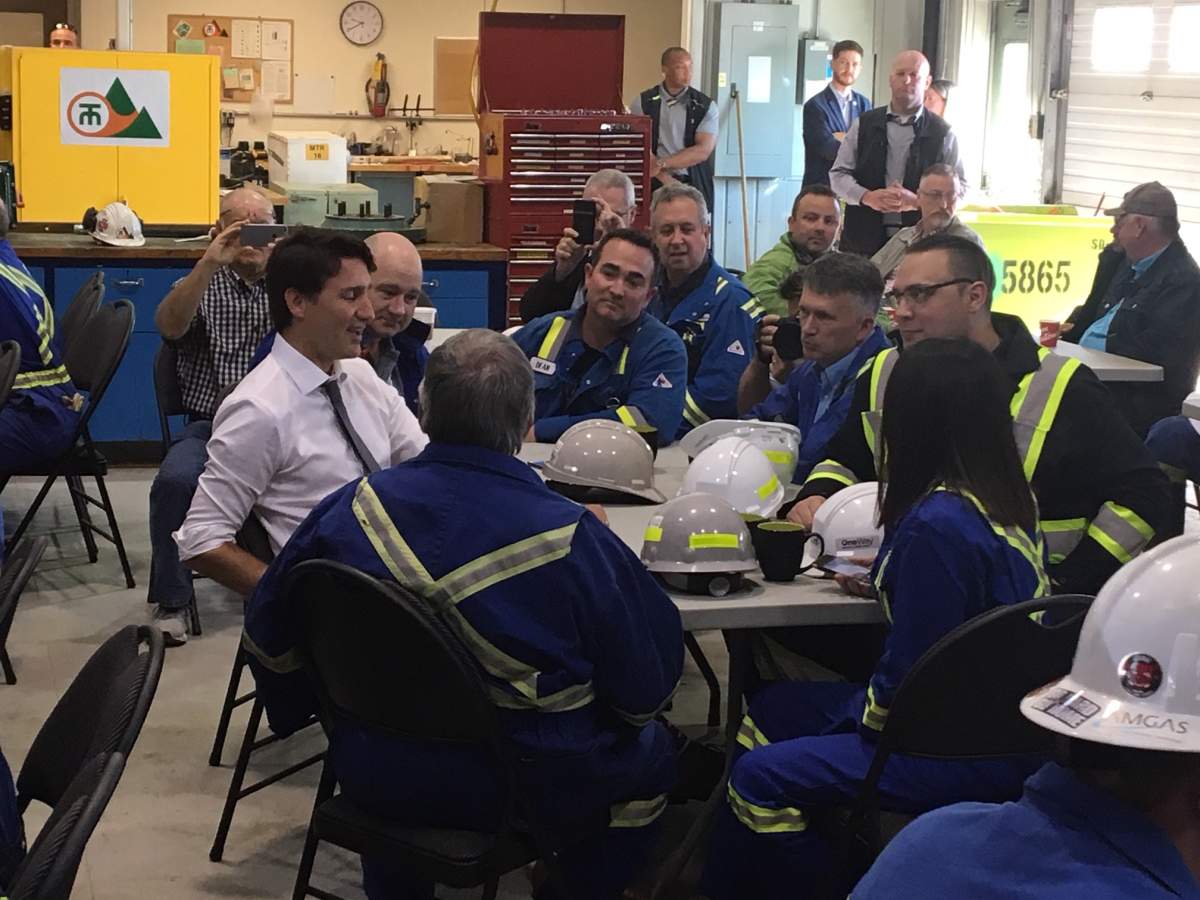 Prime Minister Justin Trudeau meets with workers at the Trans Mountain Edmonton Terminal Friday, July 12, 2019.