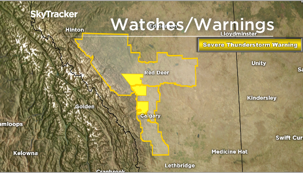 Severe thunderstorm warnings were issued for Rocky View County and Mountain View County on Tuesday.