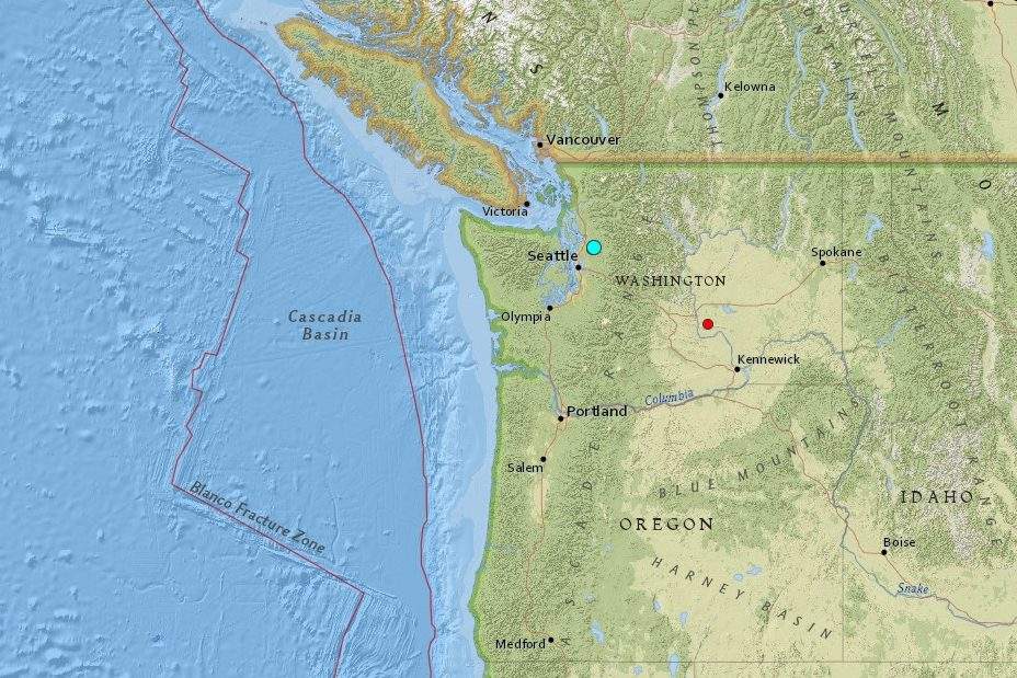 A map showing the location of a 4.6 magnitude earthquake in Three Lakes, Washington on July 12, 2019.