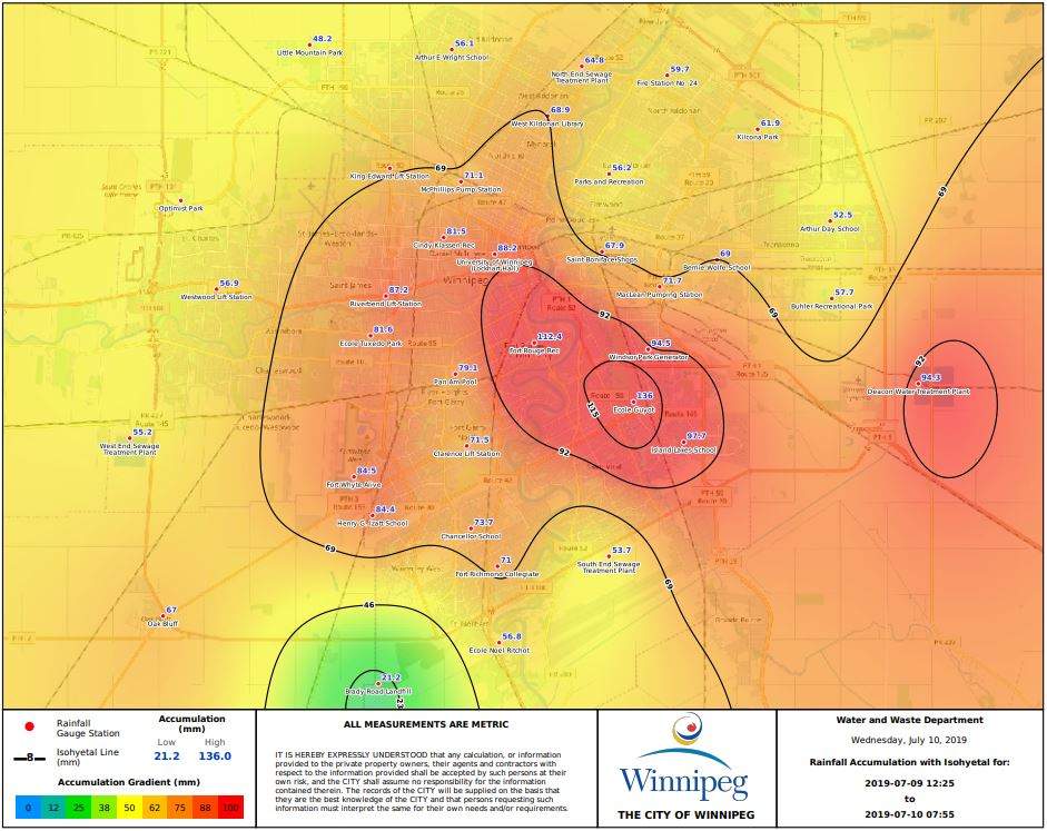 Rainfall totals around Winnipeg from July 9-10, 2019.