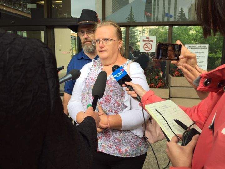 Jordan Yarmey’s parents speak to the media outside an Edmonton courtroom Wednesday, July 24, 2019.
