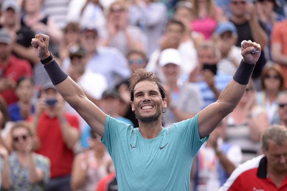 Spain's Rafael Nadal celebrates his win over Russia's Daniil Medvedev in the final of the Rogers Cup tennis tournament in Montreal, Sunday, Aug. 11, 2019. 