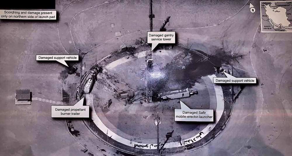 This image taken from the Twitter account of President Donald J. Trump, @realDonaldTrump, shows an undated photo of the aftermath of an explosion at Iran's Imam Khomeini Space Center in the country's Semnan province. 