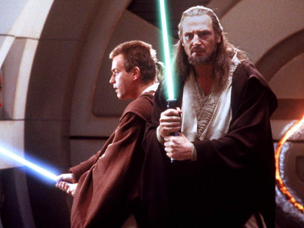Liam Neeson, right, as Jedi Master Qui-Gon Jinn and Ewan McGregor, as Obi-Wan Kenobi, during a scene from the Lucasfilm Star Wars: Episode 1 — The Phantom Menace. The film opened worldwide on May 19, 1999.