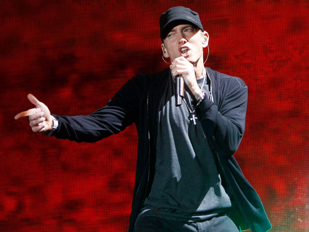 In this Sept. 13, 2010, file photo, rapper Eminem performs at Yankee Stadium in New York City.