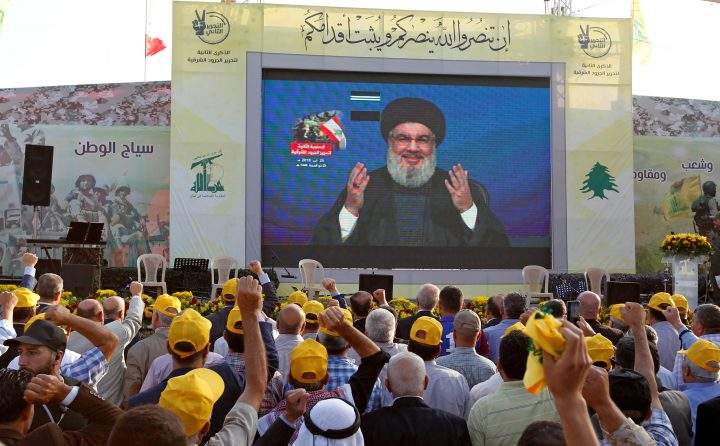 The leader of Hezbollah, one of the terror groups sponsored by Iran, addresses supporters via a screen, August 25, 2019.