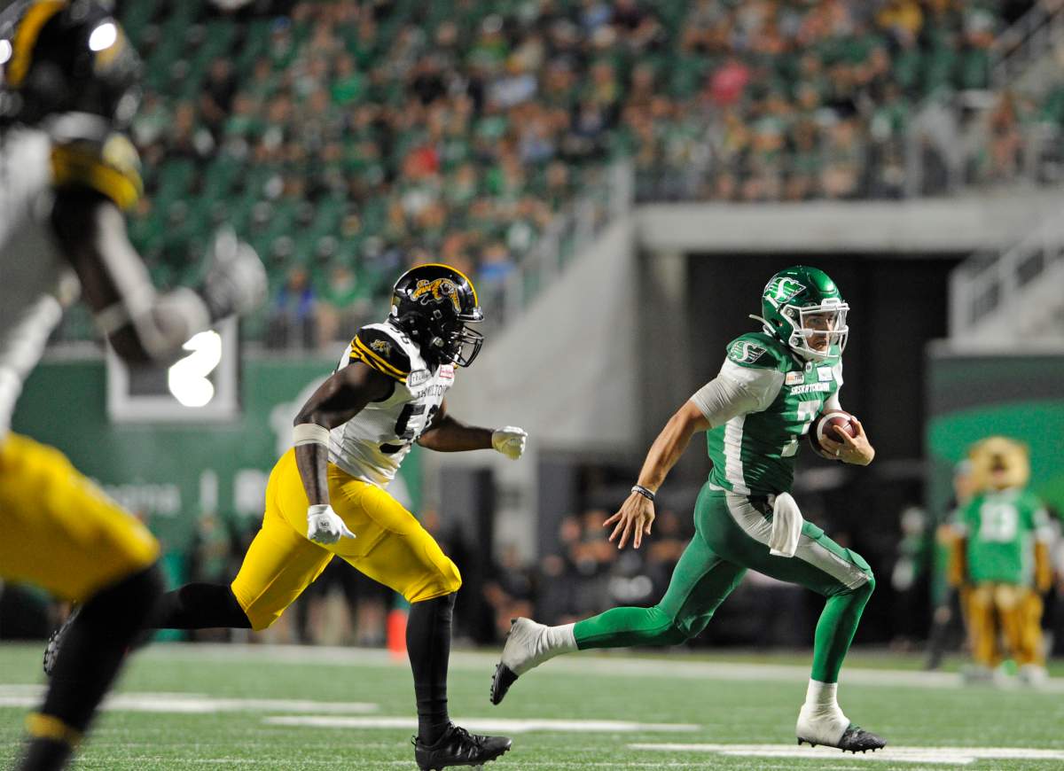 Saskatchewan Roughriders quarterback Cody Fajardo runs in the winning touchdown during second half CFL action at Mosaic Stadium in Regina on Thursday, Aug. 1, 2019. 