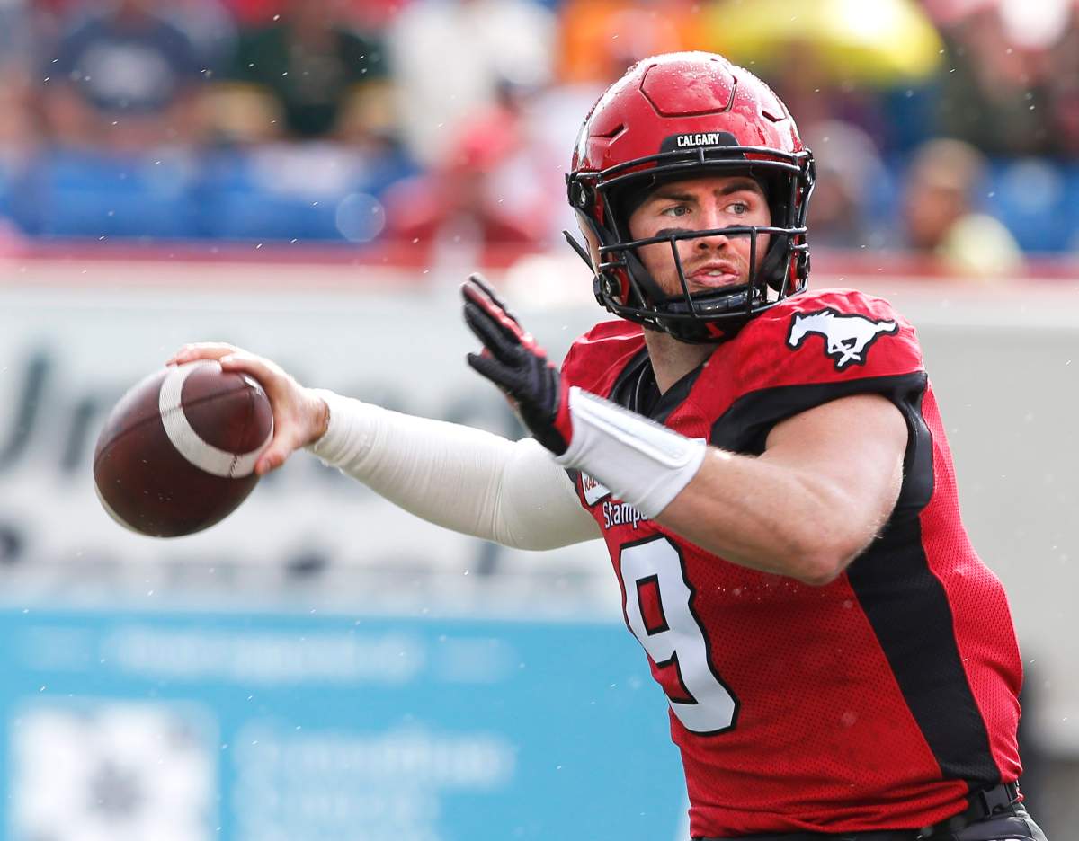 Calgary Stampeders quarterback Nick Arbuckle during first half CFL action against the Edmonton Eskimos in Calgary on Sat., Aug. 3, 2019. 