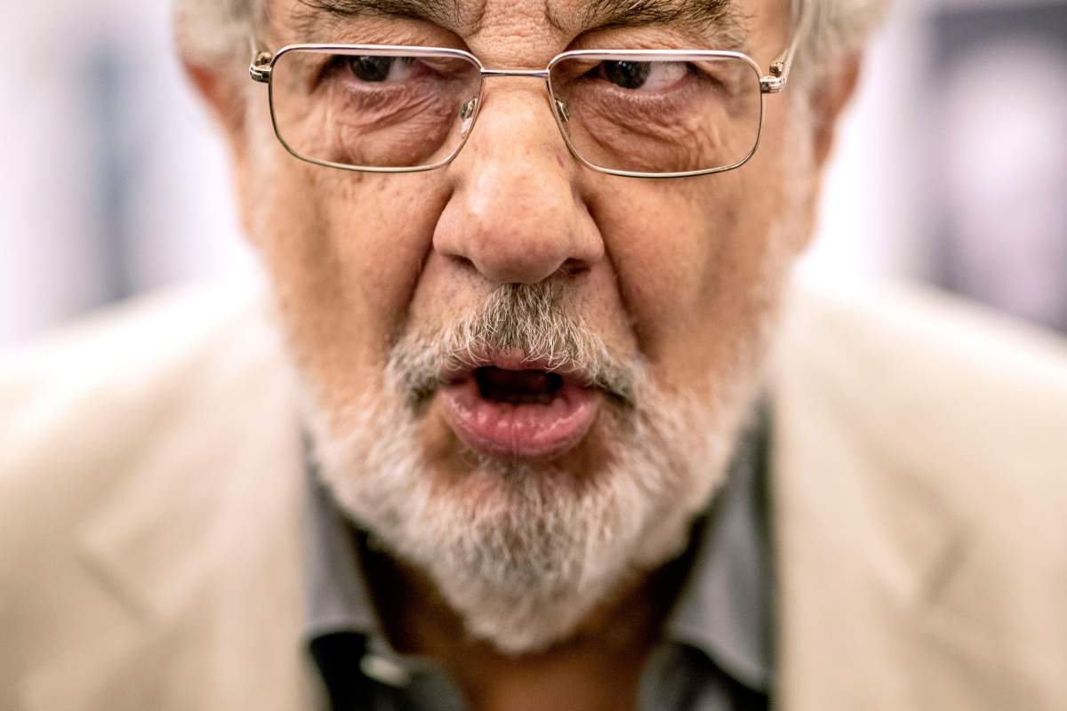 In this Friday, July 12, 2019, photo, Placido Domingo speaks during a news conference about his upcoming show “Giovanna d’Arco” in Madrid, Spain.