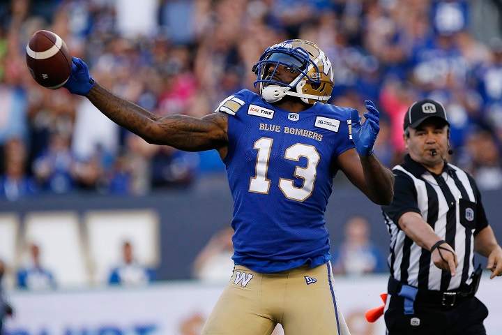 Winnipeg Blue Bombers' Chris Matthews (13) celebrates a 53-yard catch against the BC Lions during the first half of CFL action in Winnipeg Thursday, August 15, 2019. 