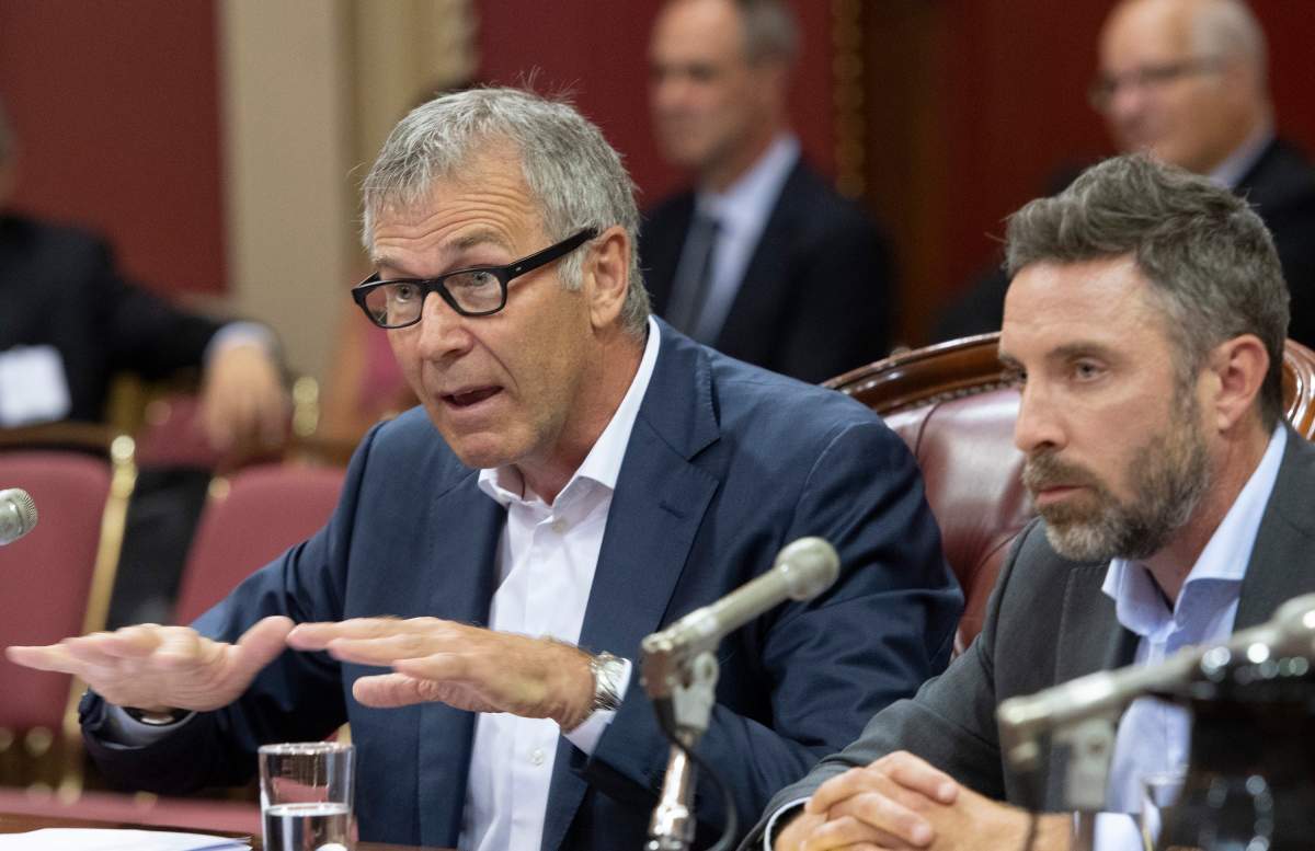 La Presse editor Guy Crevier speaks at a legislature committee on the future of media, Wednesday, August 28, 2019 at the legislature in Quebec City. La Presse president Pierre-Elliott Levasseur, right, looks on. 