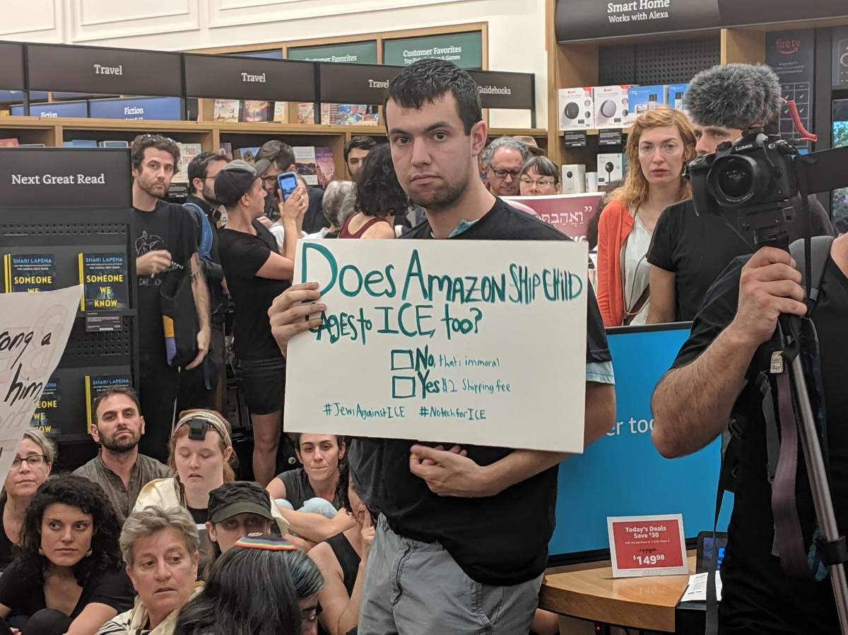 Jewish groups occupied an Amazon Books location in Manhattan to protest the tech giant doing business with ICE.