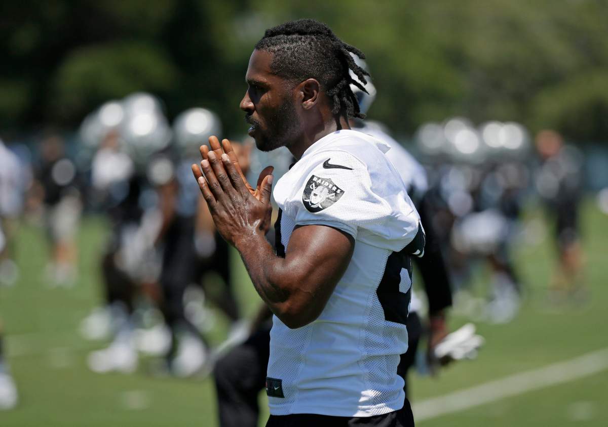 Oakland Raiders receiver Antonio Brown appears at training camp in Alameda, Calif.