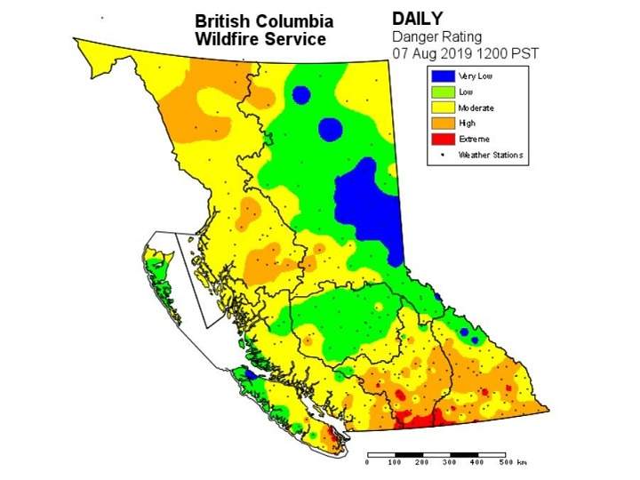The fire danger ratings across British Columbia for Wednesday, August 8, 2019.