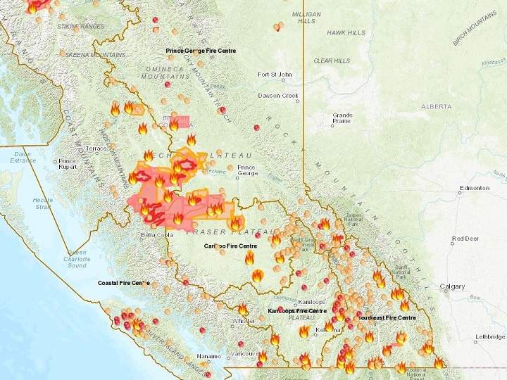A map showing wildfires that were burning across B.C. on August 17, 2018.