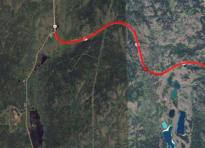 A close-up of where the incident is along the Okanagan Connector.