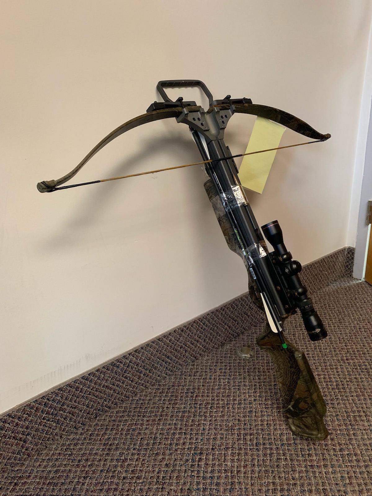 The crossbow allegedly used to shoot at a female on Monday August 5 near Hanover, Ont.