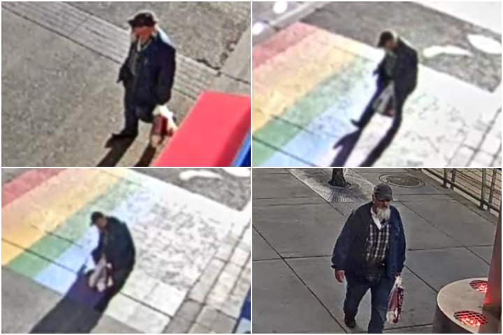 Calgary police released these photos they say shows the suspect thought to be responsible for vandalizing the rainbow Pride crosswalk on Stephen Avenue on Aug. 18, 2019.