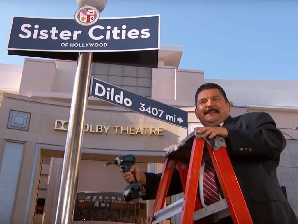 Guillermo Rodriguez, Jimmy Kimmel’s sidekick, marking Dildo, N.L. as Hollywood’s first sister city on Aug. 7, 2019.