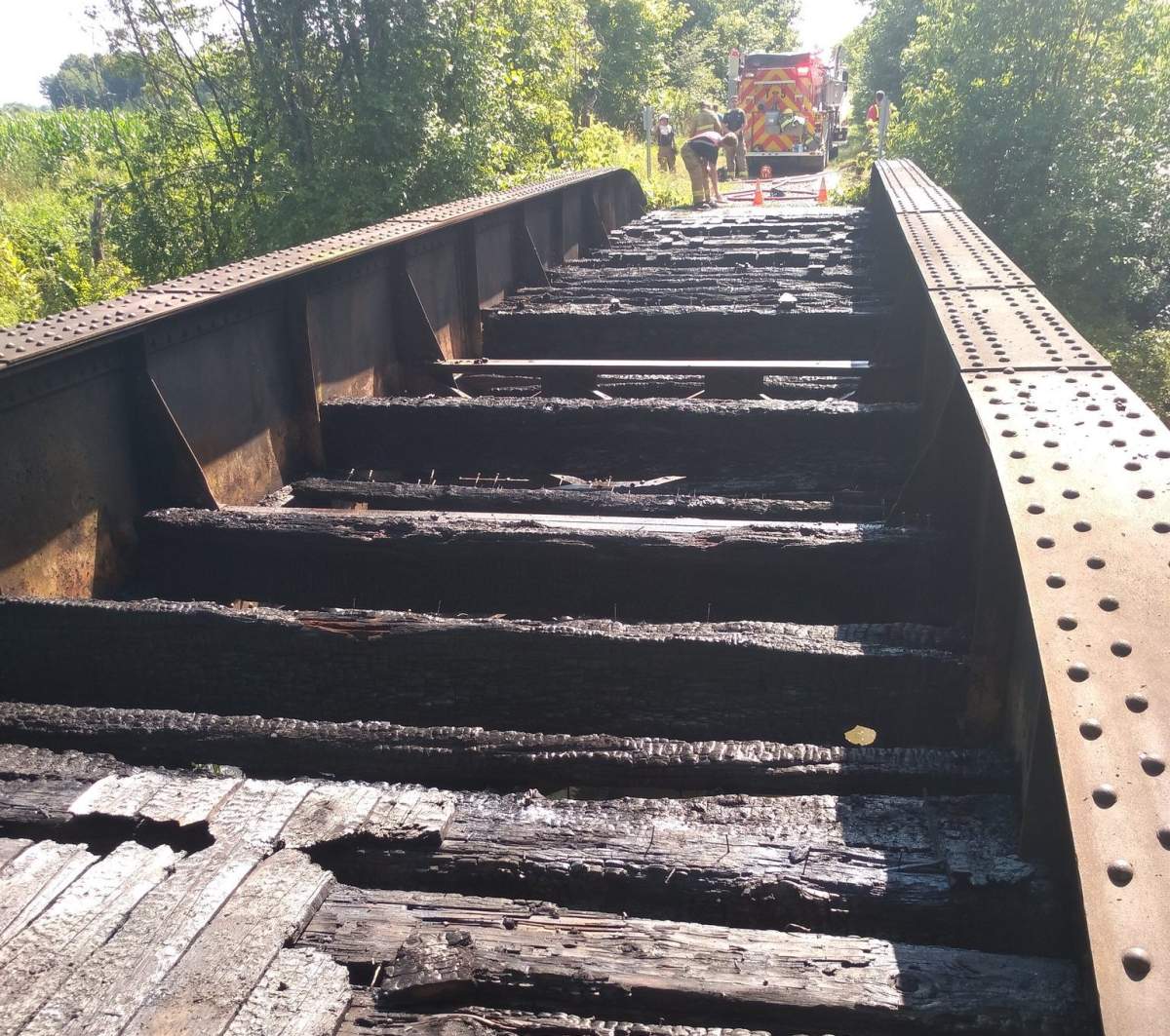 Someone set fire to this bridge on the Peanut Line Trail off 4th Line Road shortly after 2:45 p.m. on Aug. 5, according to OPP.