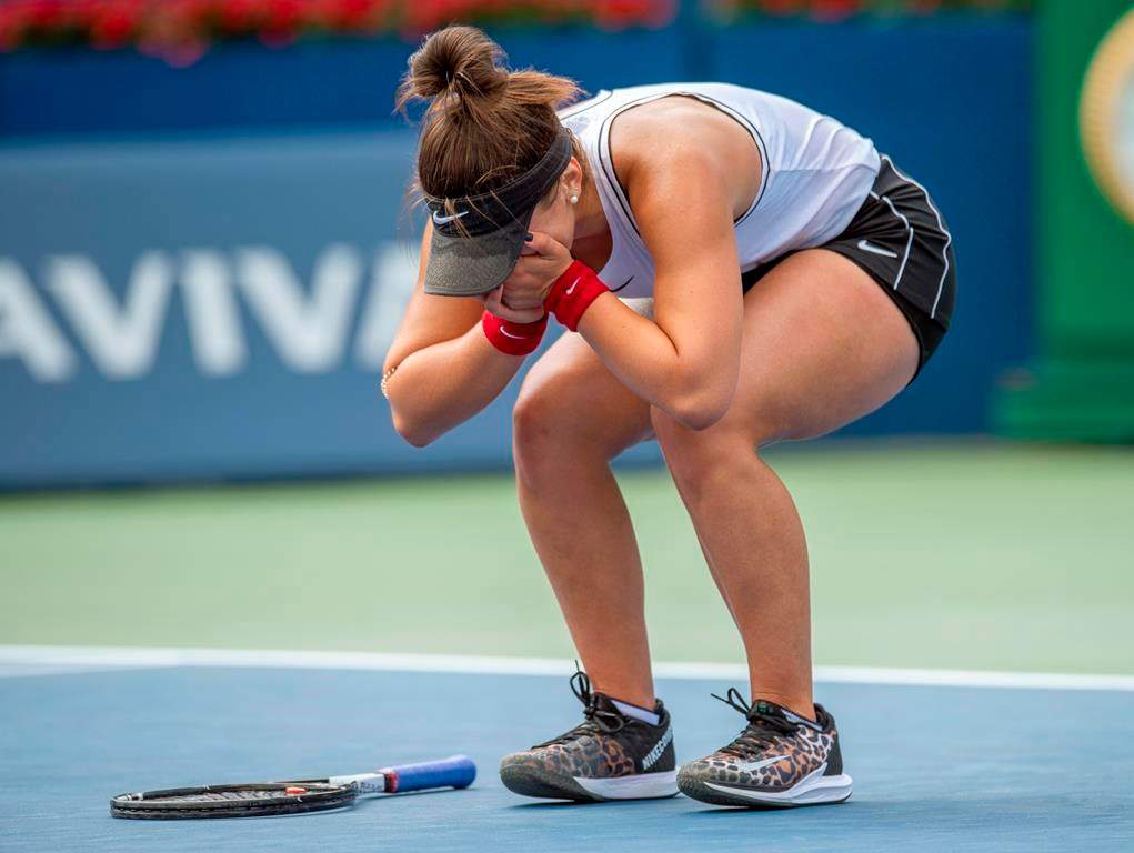 Bianca Andreescu, of Canada, celebrates after defeating Sofia Kenin, of the United States, in Rogers Cup tennis tournament semifinal action in Toronto on Saturday, Aug. 10, 2019. 