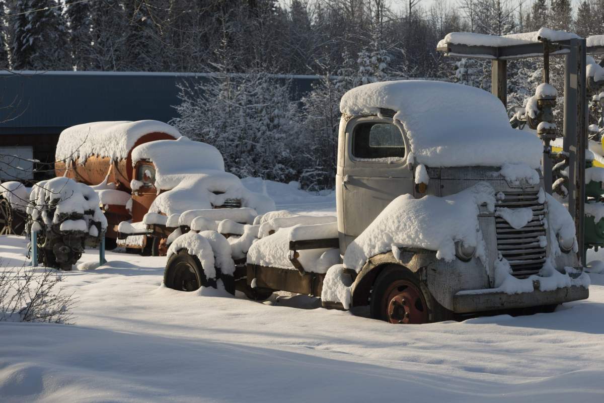 Snow covered vehicles, Fort Nelson, British Columbia, Canada, on Wednesday, January 20, 2016. 