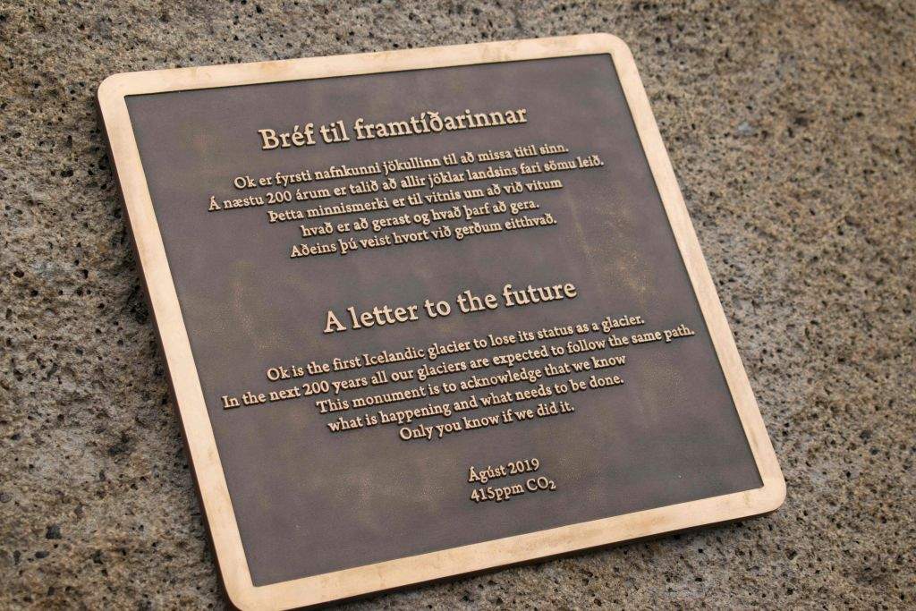 A monument is unveiled at site of Okjokull, Iceland’s first glacier lost to climate change in the west of Iceland on August 18, 2019. (Photo by Jeremie RICHARD / AFP) (Photo credit should read
