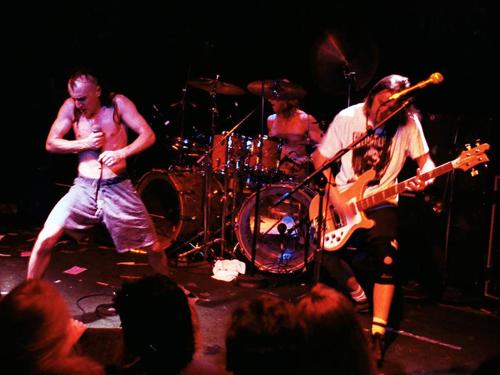 (L-R) Maynard James Keenan, Danny Carey and Paul D’Amour perform as Tool at Club Lingerie in Hollywood on June 2, 1992, in Los Angeles, Calif.