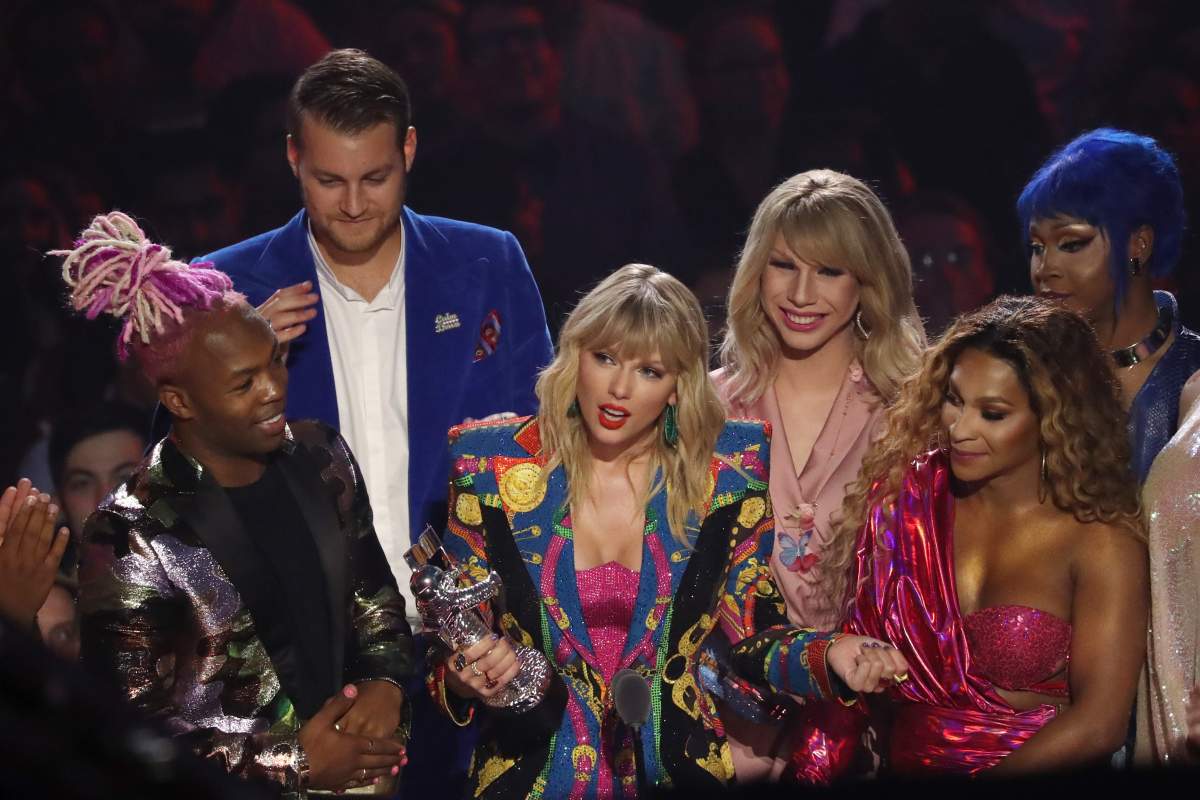 Taylor Swift receives award onstage during the 2019 MTV Video Music Awards at Prudential Center on Aug. 26, 2019, in Newark, N.J. (Photo by Bennett Raglin/WireImage)