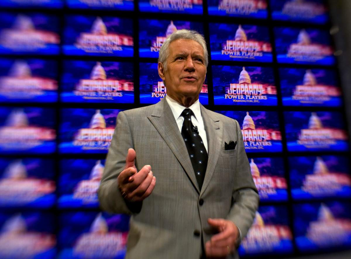 Alex Trebek poses on the set of his game show 'Jeopardy!' on April 21, 2012.