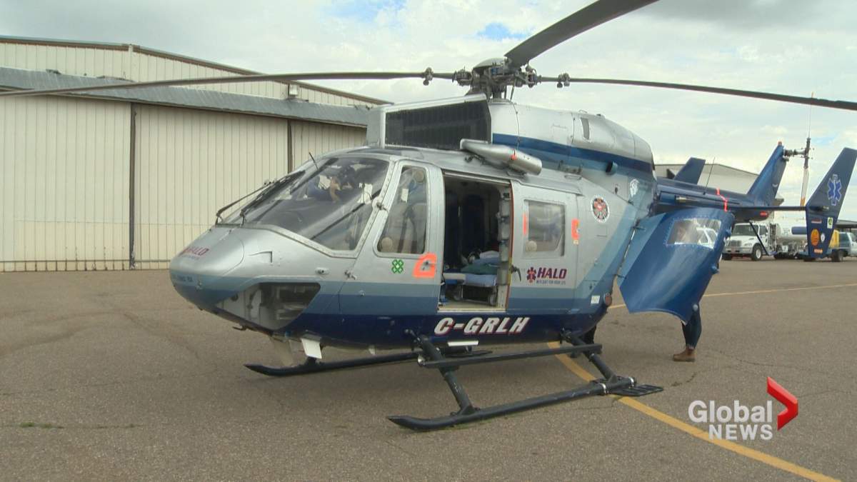 Halo rescue helicopter sits on the tarmac at Medicine Hat Regional Airport.