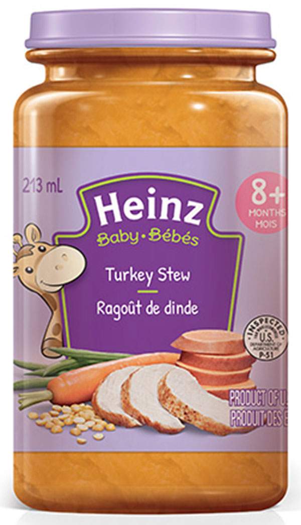 Pictured: Heinz brand Turkey Stew 8+ Months baby food .