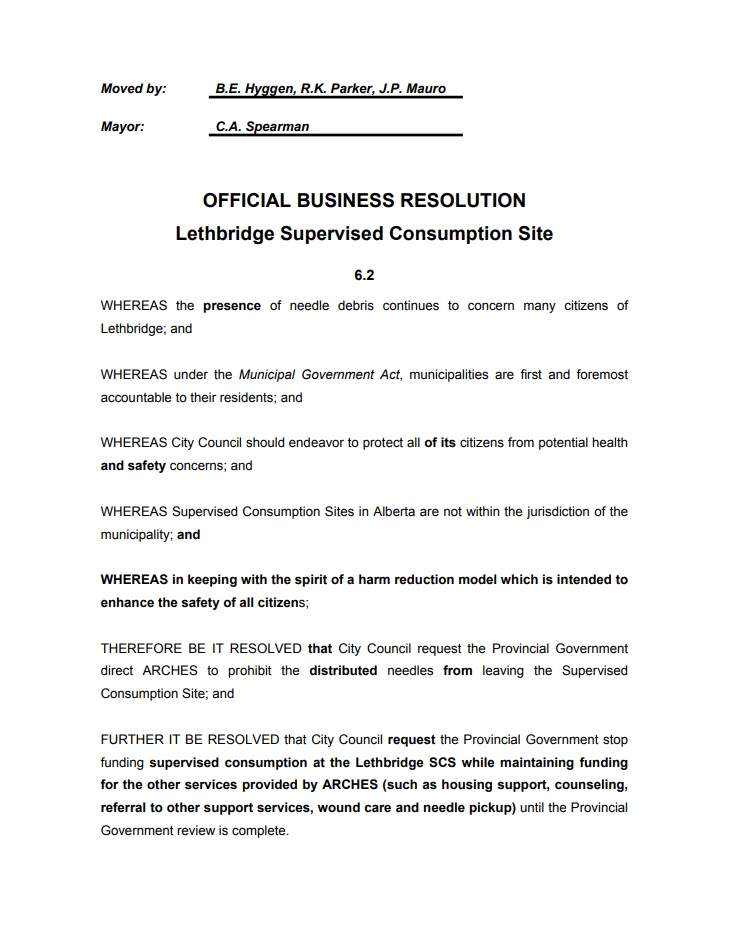 Councillor Blaine Hyggen puts forward finalized motion to stop funding to the Supervised Consumption Site, Aug, 15.