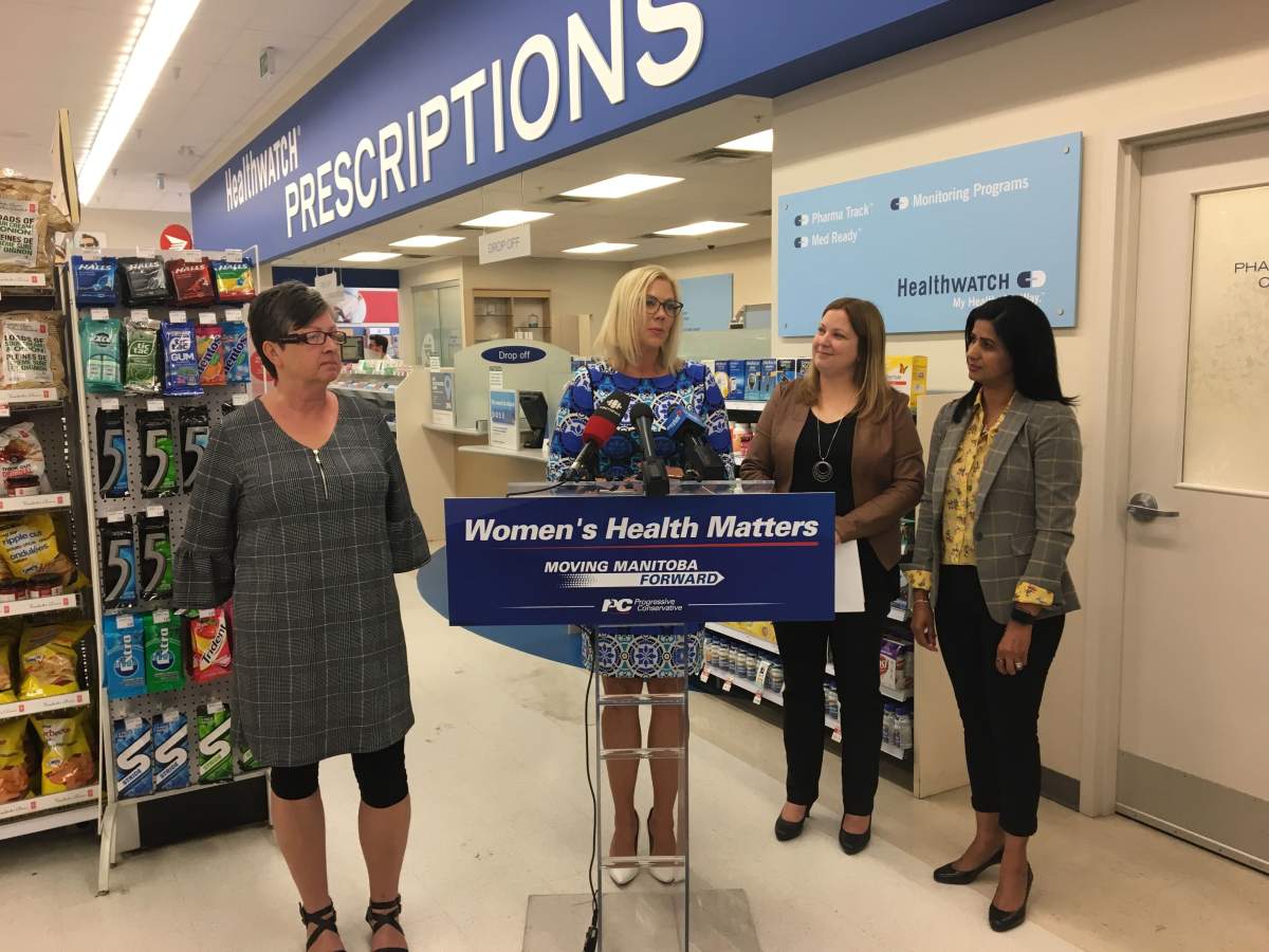 Riel PC candidate Rochelle Squires speaks to media at a specialized women's health care announcement on Aug. 25. 