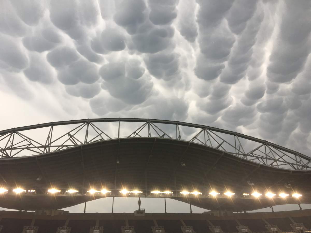 Mammatus clouds over IG Field Wednesday night.